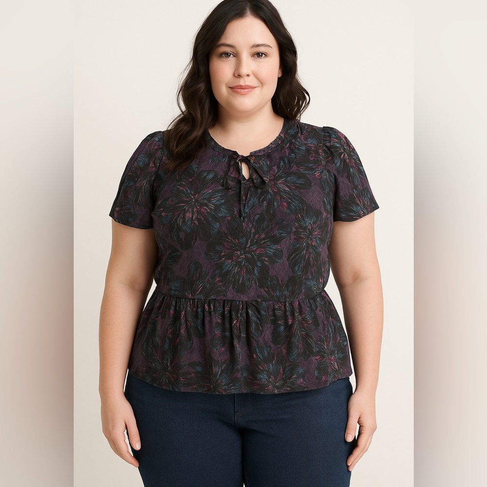 Lane Bryant Purple Floral Peplum Blouse Size 14 NWT Tie Neck Short Sleeve